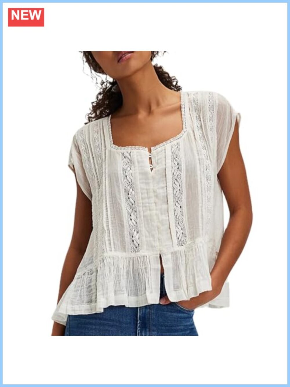 Semi Sheer Lace Ruffle Button Down Blouse Square Neck Cap Sleeve Crop Top
